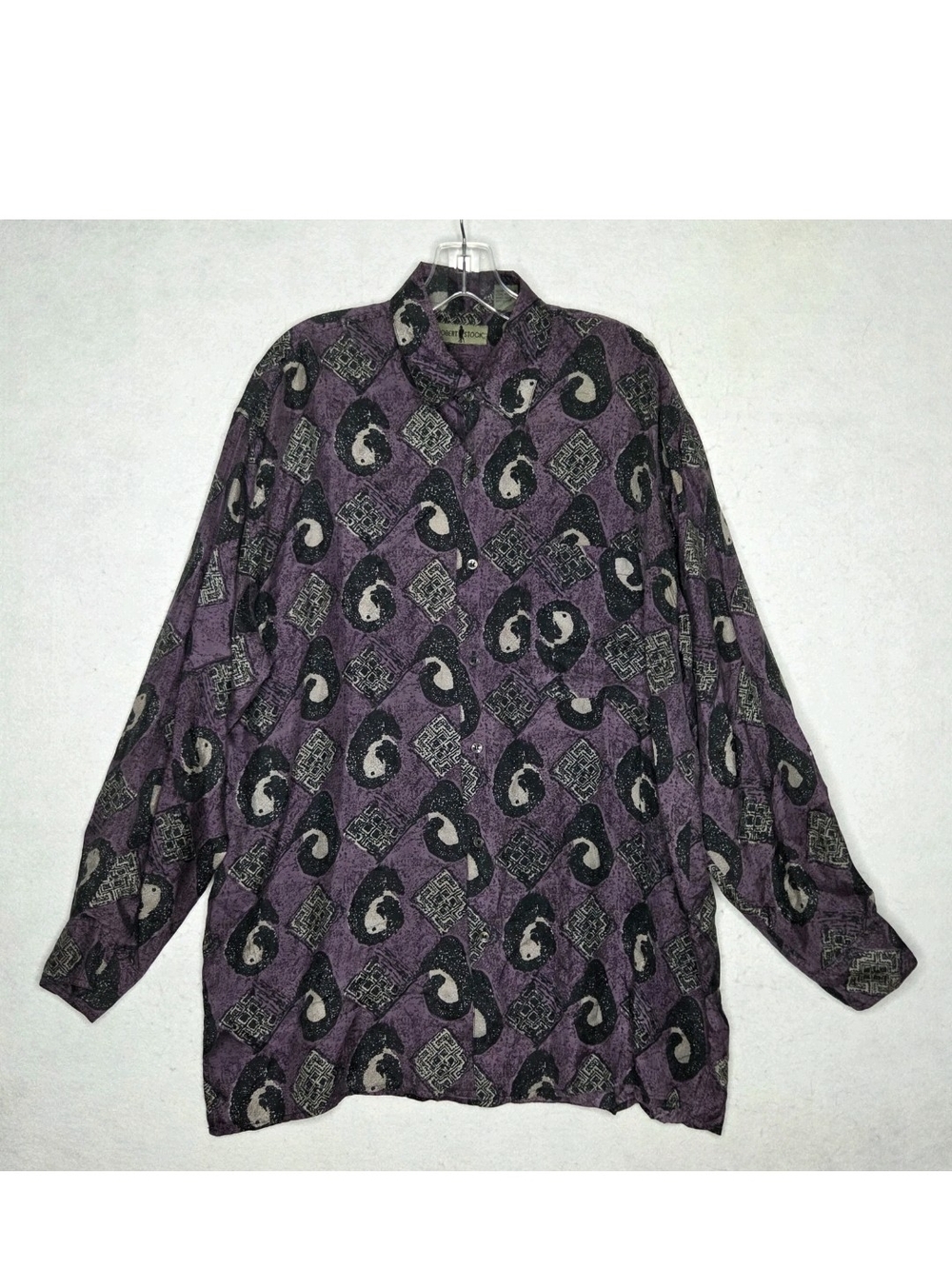 Vtg 90s Robert Stock Silk Long Sleeve Shirt L Button Up Loose Fit Art Abstract